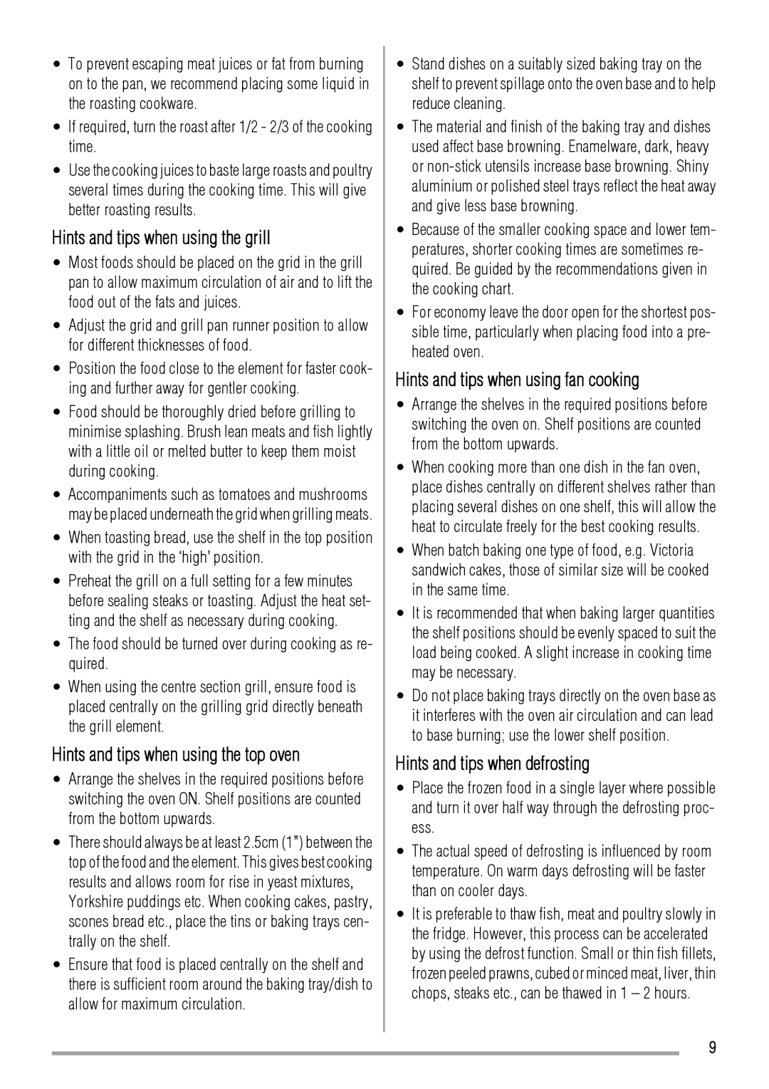 Zanussi ZOD370 Hints and tips when using the grill, Hints and tips when using the top oven, Hints and tips when defrosting 