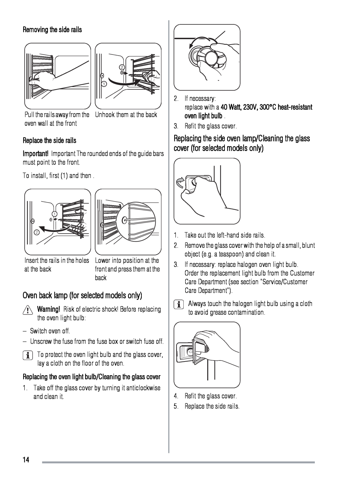 Zanussi ZOD370 user manual Removing the side rails, Replace the side rails, Oven back lamp for selected models only 