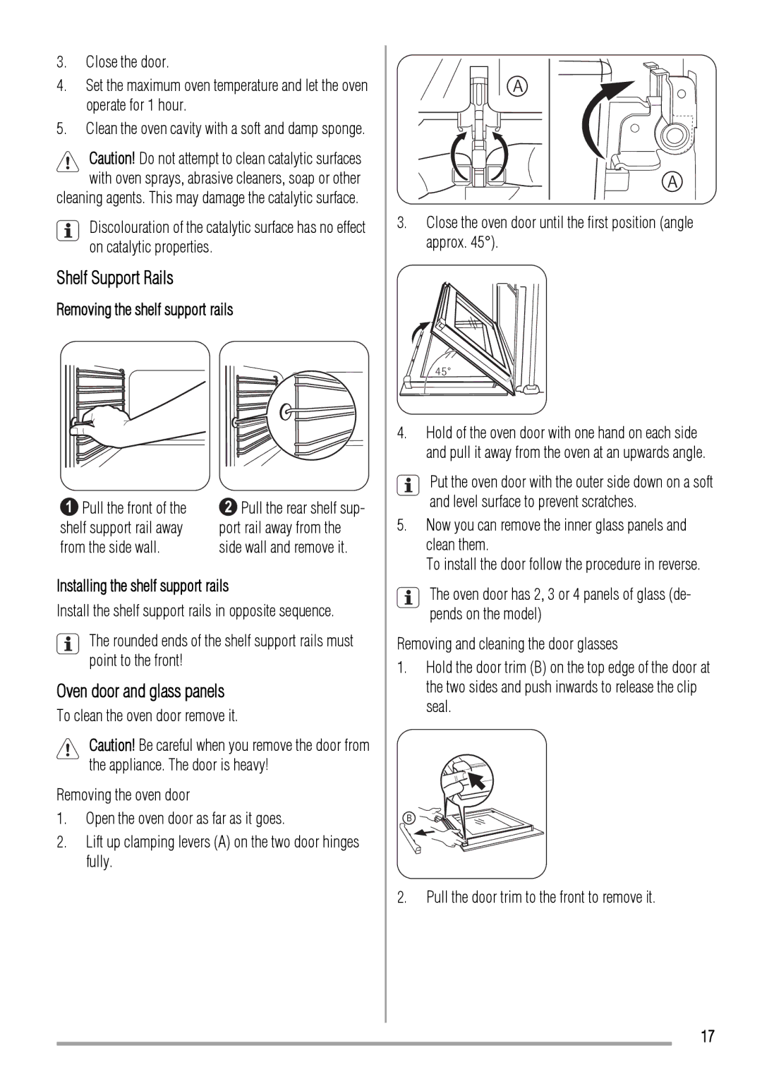 Zanussi ZOD580 user manual Shelf Support Rails, Oven door and glass panels, Removing the shelf support rails 