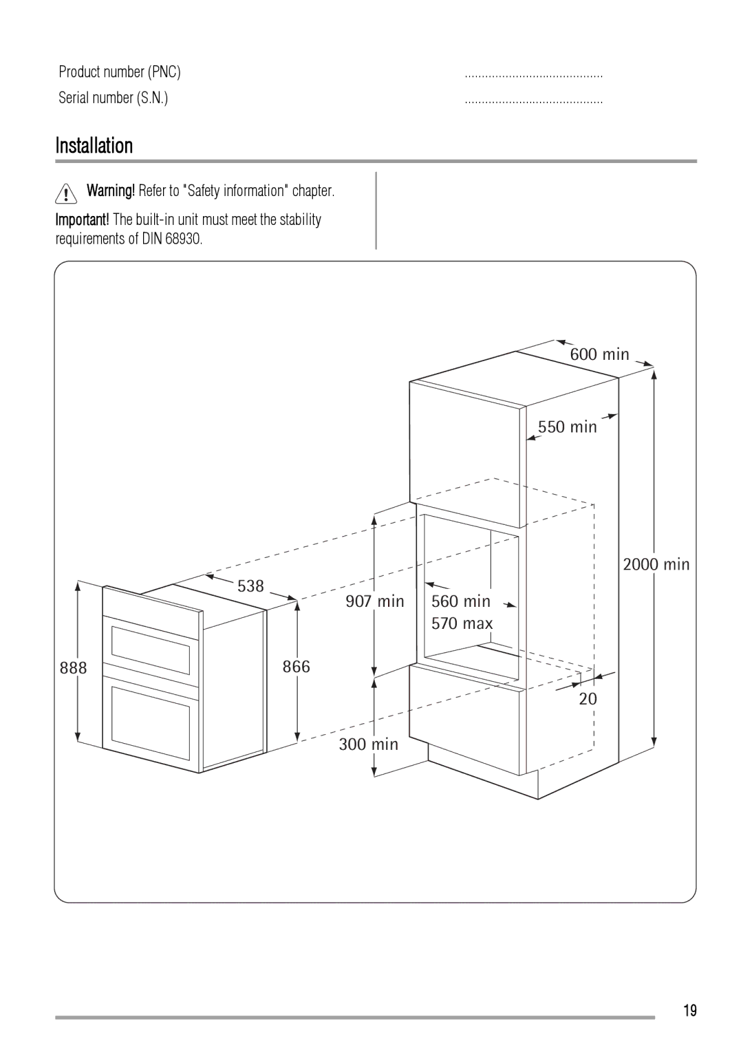 Zanussi ZOD580 user manual Installation, Product number PNC Serial number S.N, 570 max 