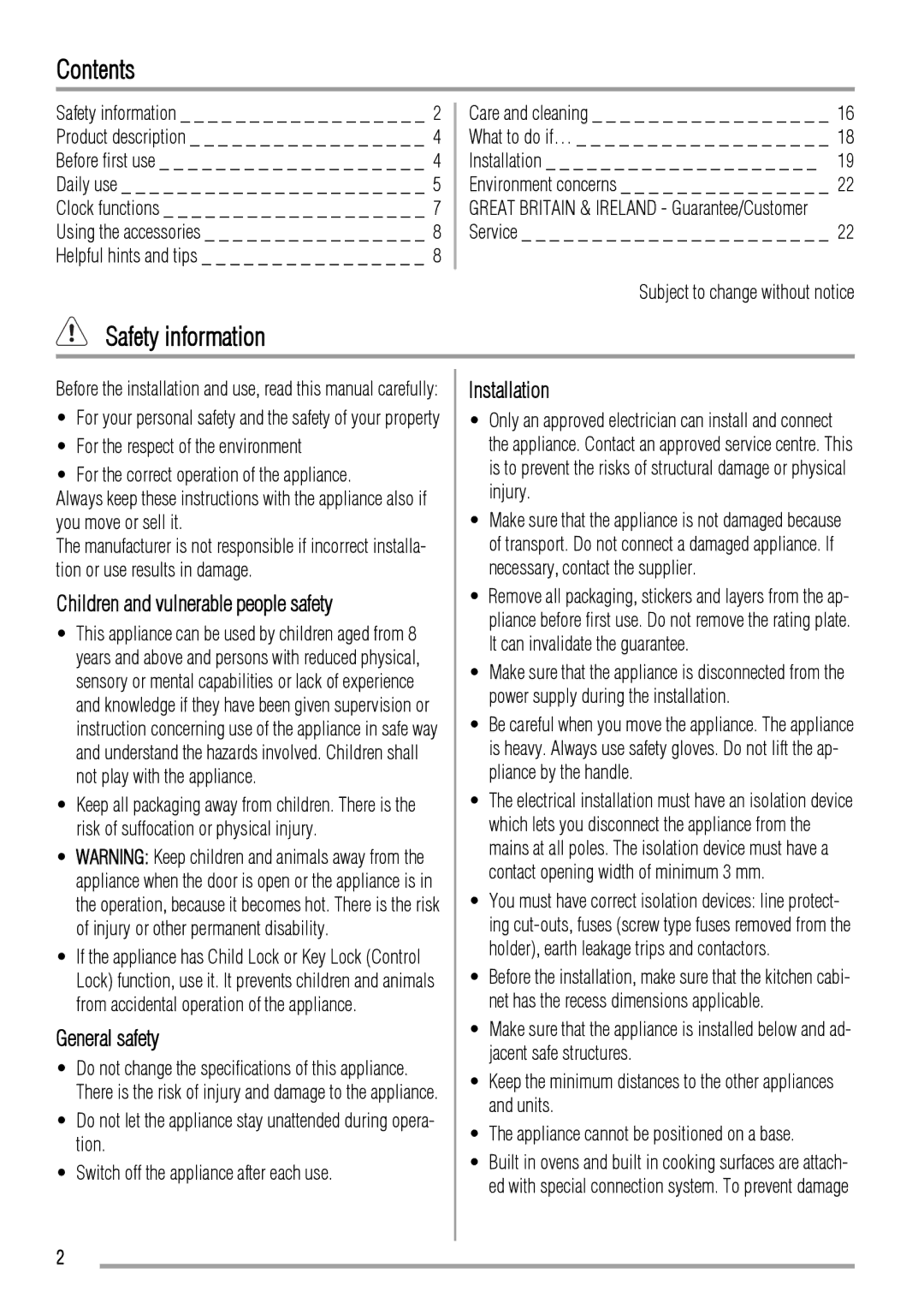 Zanussi ZOD580 user manual Contents, Safety information 