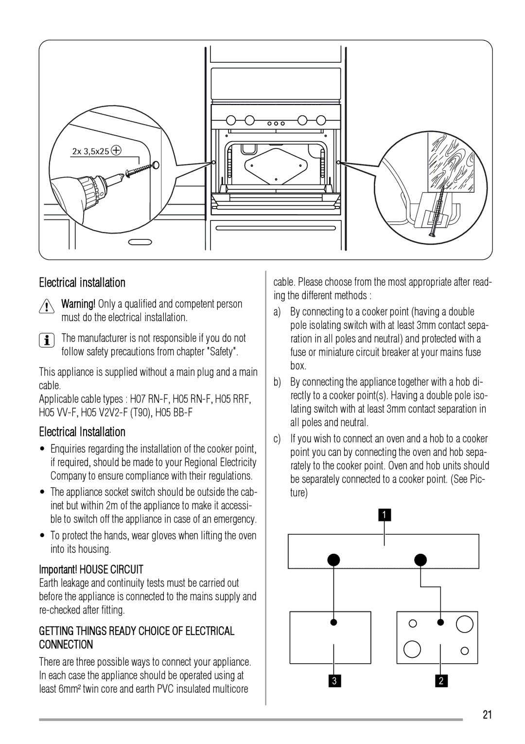 Zanussi ZOD580 user manual Electrical installation, Important! House Circuit 