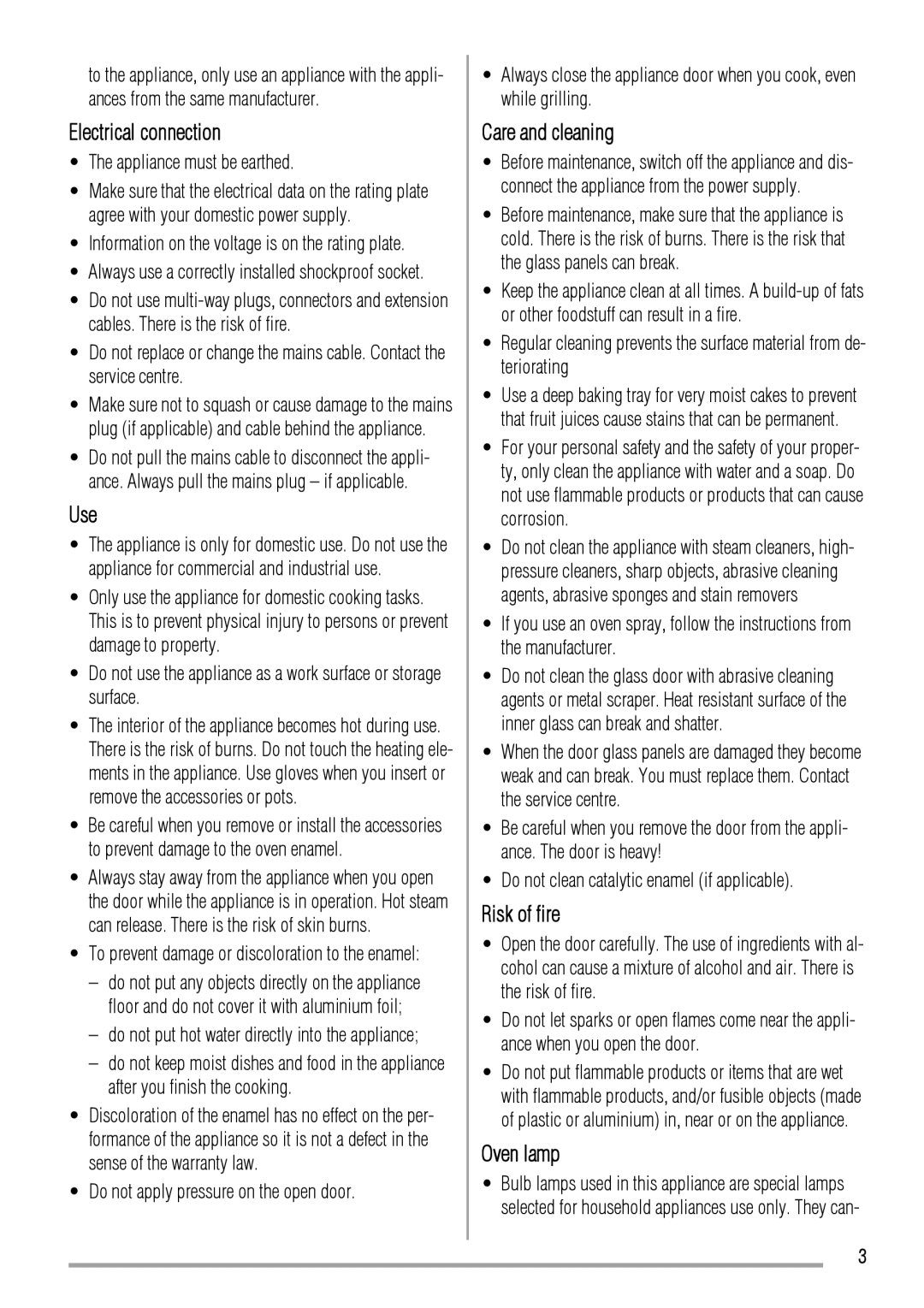 Zanussi ZOD580 user manual Electrical connection, Use, Care and cleaning, Risk of fire, Oven lamp 