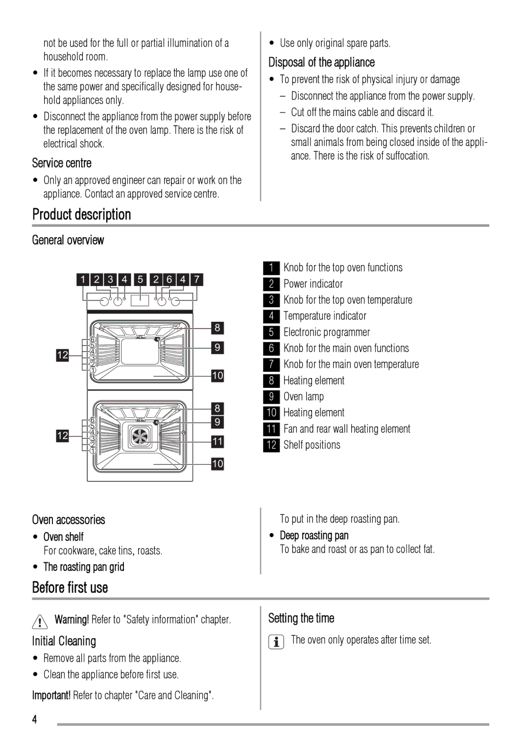 Zanussi ZOD580 user manual Product description, Before first use 