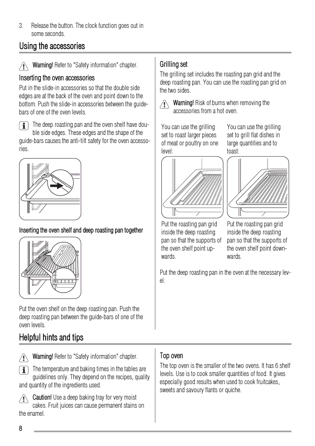 Zanussi ZOD580 Using the accessories, Helpful hints and tips, Inserting the oven accessories, Grilling set, Top oven 