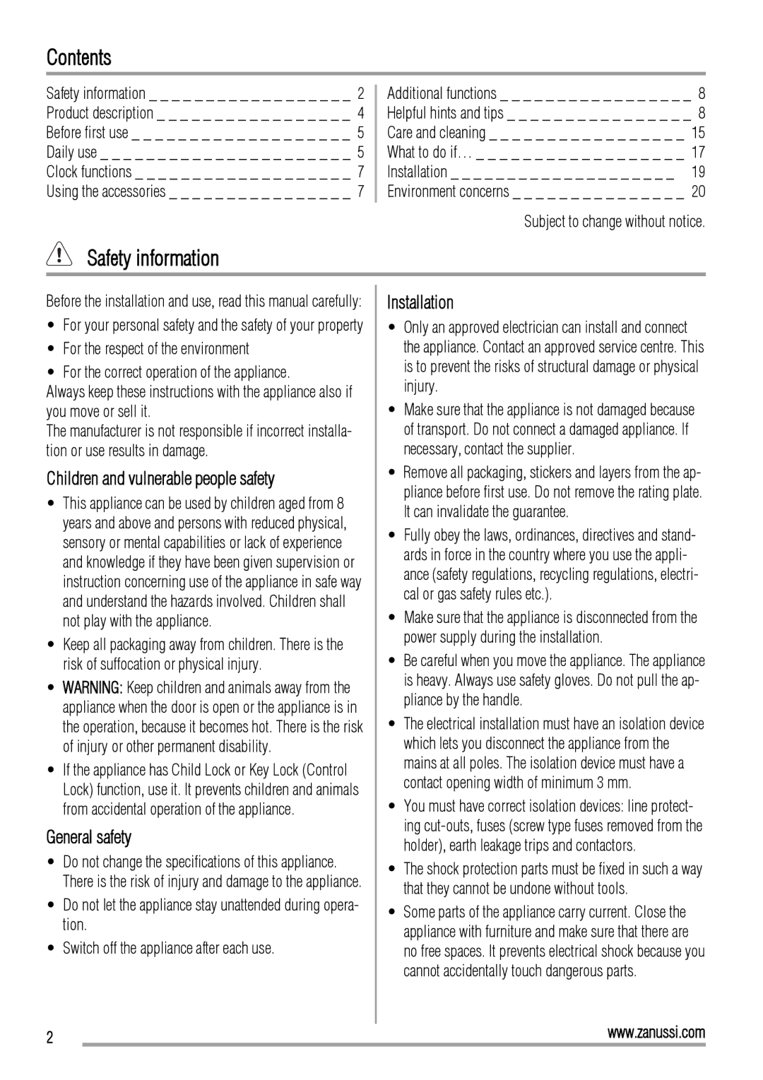 Zanussi ZOP37902 user manual Contents, Safety information 