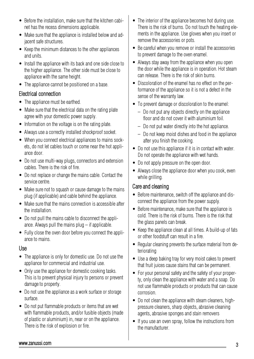 Zanussi ZOP37902 user manual Electrical connection, Use, Care and cleaning, Appliance must be earthed 