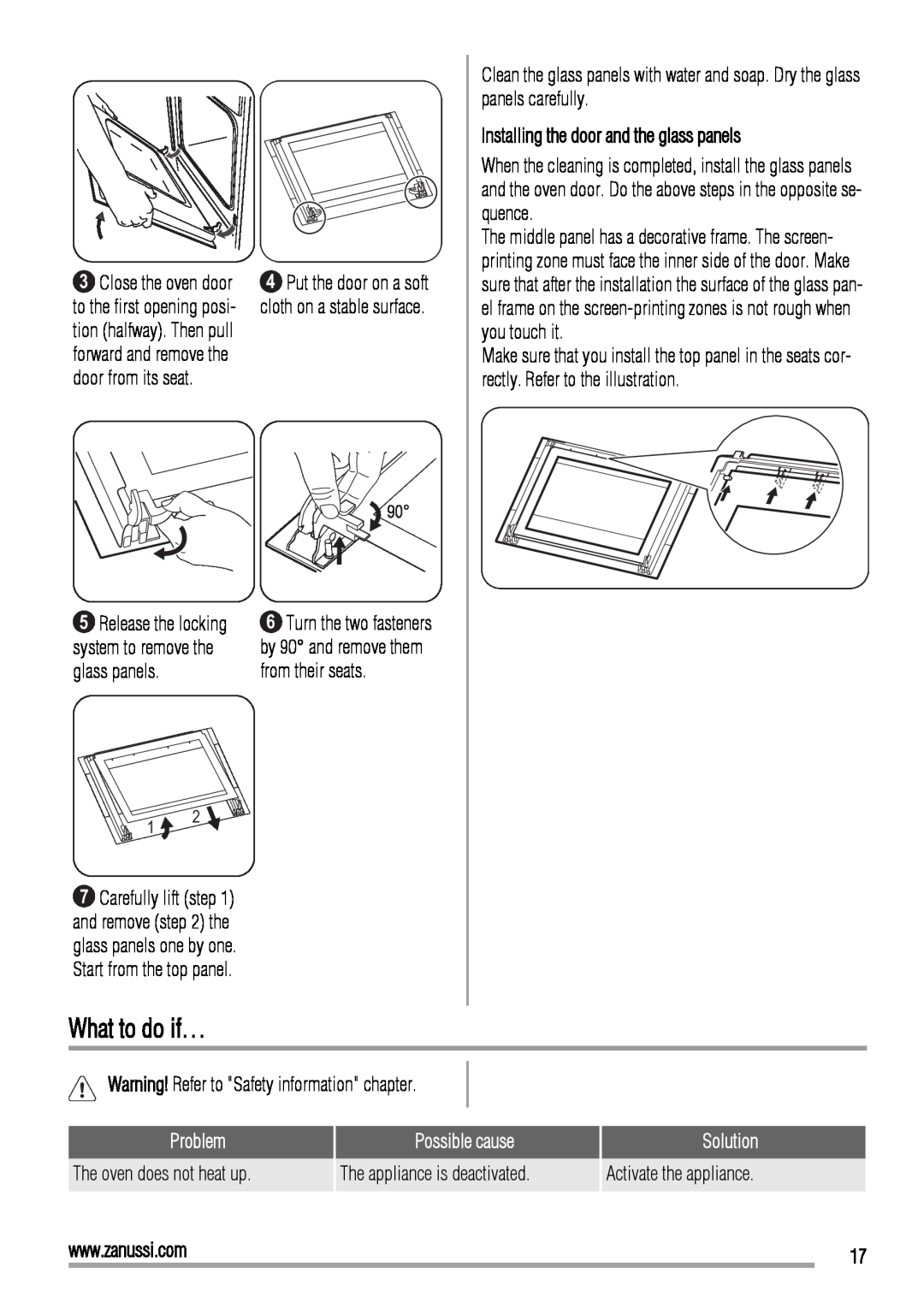 Zanussi ZOP37902 user manual What to do if…, Installing the door and the glass panels 