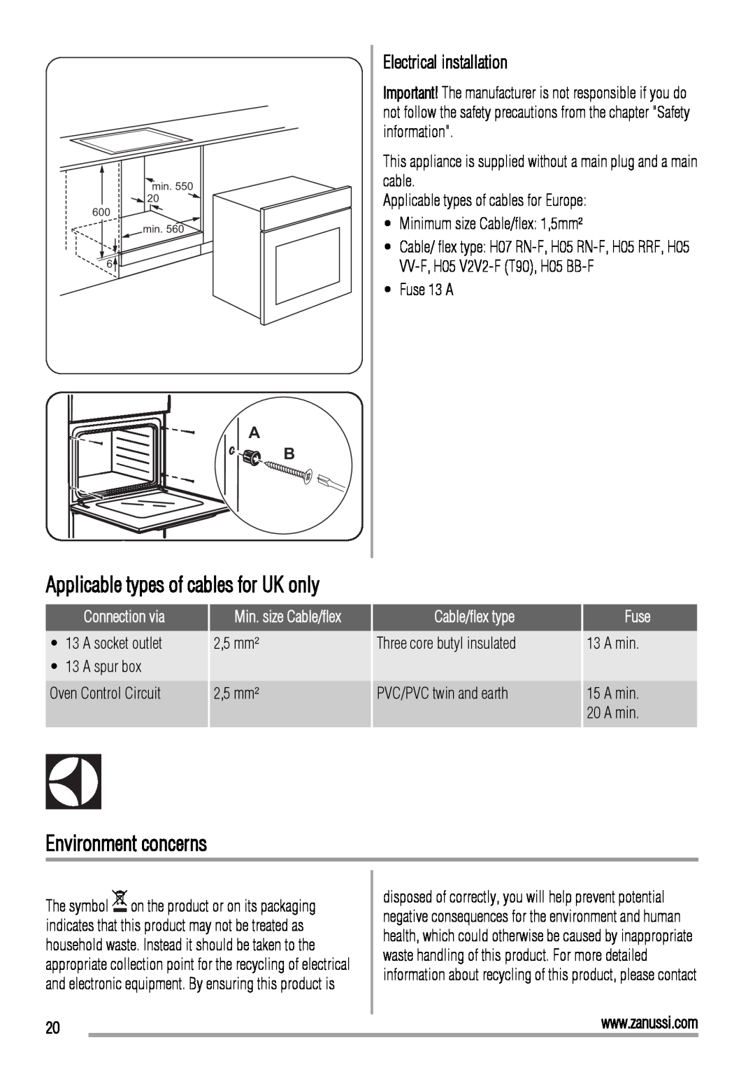 Zanussi ZOP37902 user manual Environment concerns, Electrical installation, Applicable types of cables for UK only 
