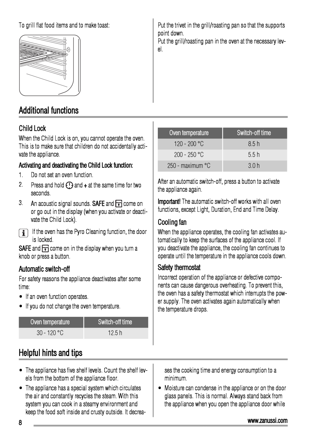 Zanussi ZOP37902 user manual Additional functions, Helpful hints and tips, Child Lock, Automatic switch-off, Cooling fan 