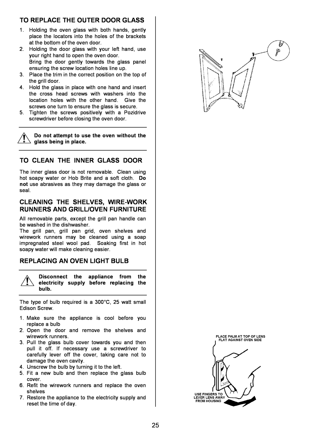Zanussi ZOU 330 manual To Replace The Outer Door Glass, To Clean The Inner Glass Door, Replacing An Oven Light Bulb 