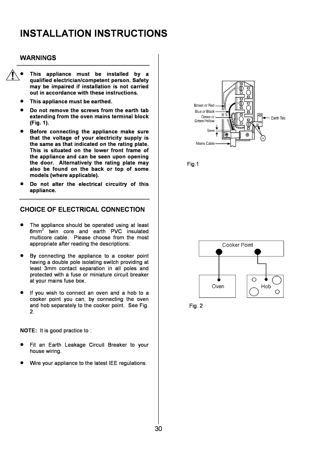 Zanussi ZOU 330 manual Installation Instructions, Warnings, Choice Of Electrical Connection, This appliance must be earthed 
