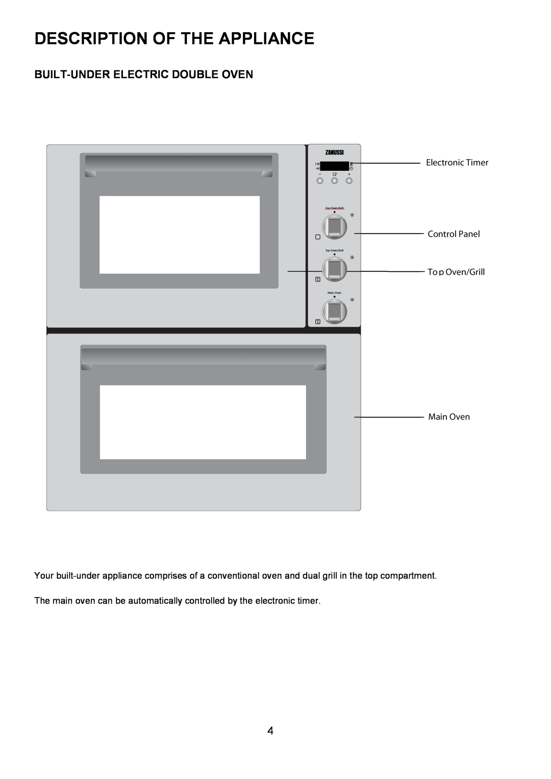 Zanussi ZOU 330 manual Description Of The Appliance, Built-Under Electric Double Oven 