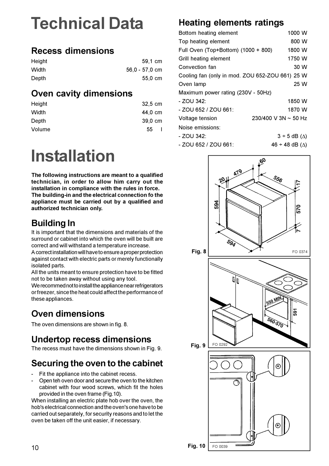 Zanussi ZOU 652, ZOU 342, ZOU 661 manual Technical Data, Installation 