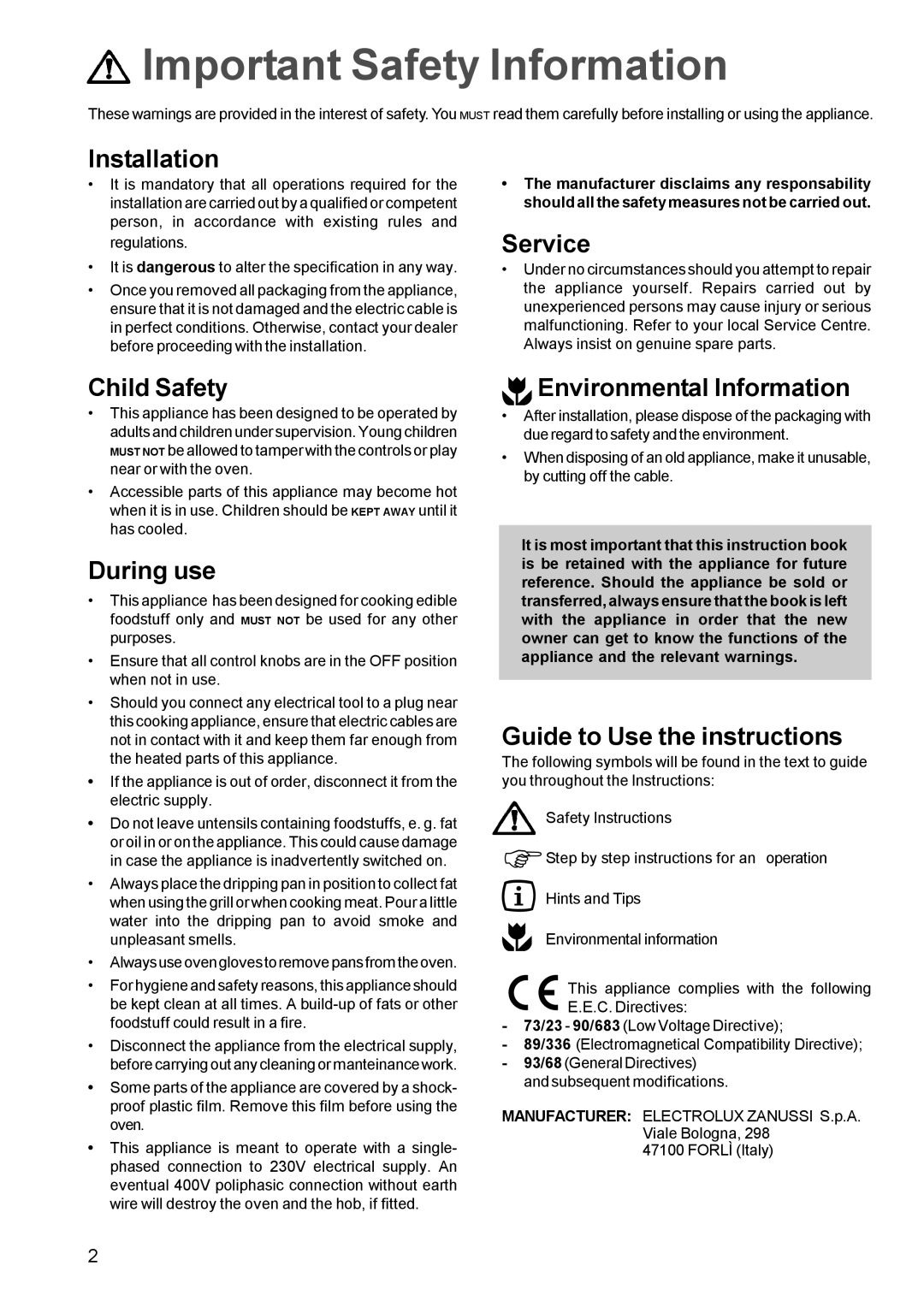 Zanussi ZOU 661 Installation, Service, Child Safety, During use, Environmental Information, Guide to Use the instructions 