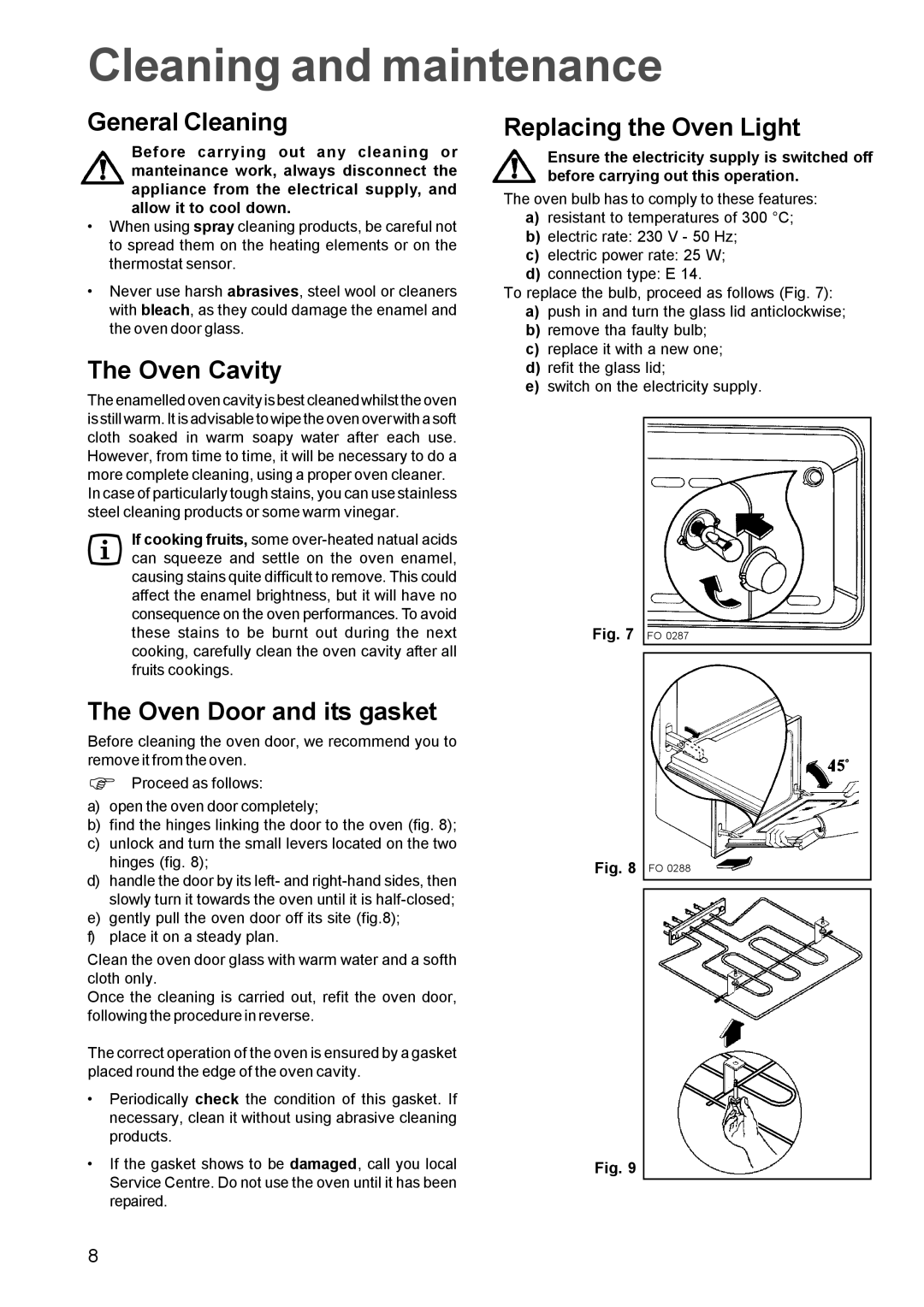 Zanussi ZOU 661, ZOU 342, ZOU 652 manual Cleaning and maintenance, General Cleaning, Oven Cavity, Oven Door and its gasket 