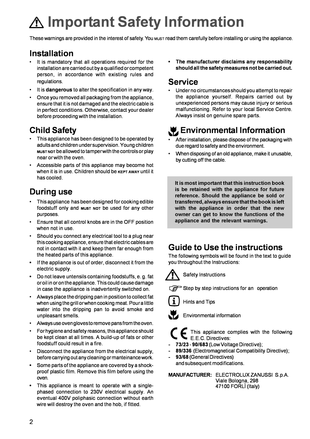 Zanussi ZOU 661 Installation, Service, Child Safety, During use, Environmental Information, Guide to Use the instructions 
