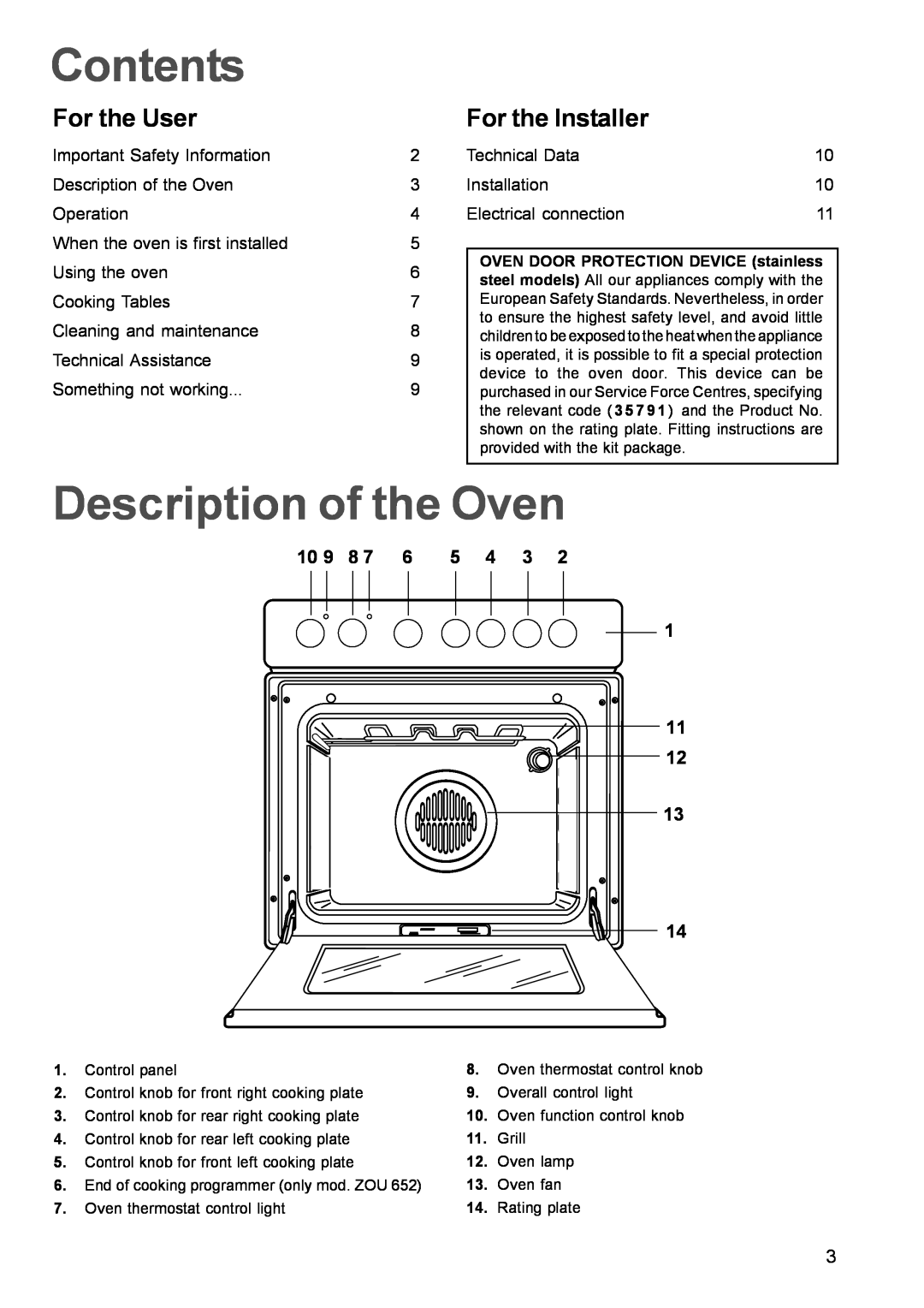 Zanussi ZOU 342, ZOU 652, ZOU 661 manual Contents, Description of the Oven, For the User, For the Installer 