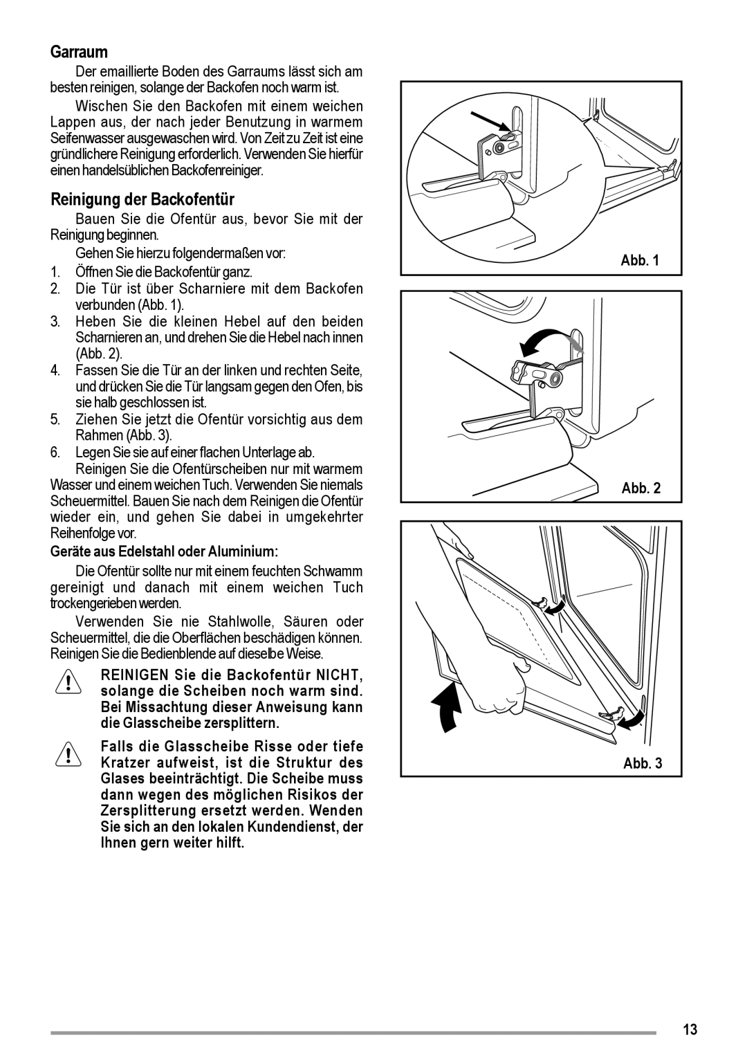 Zanussi ZOU 363 user manual Garraum, Reinigung der Backofentür, Geräte aus Edelstahl oder Aluminium, Abb 