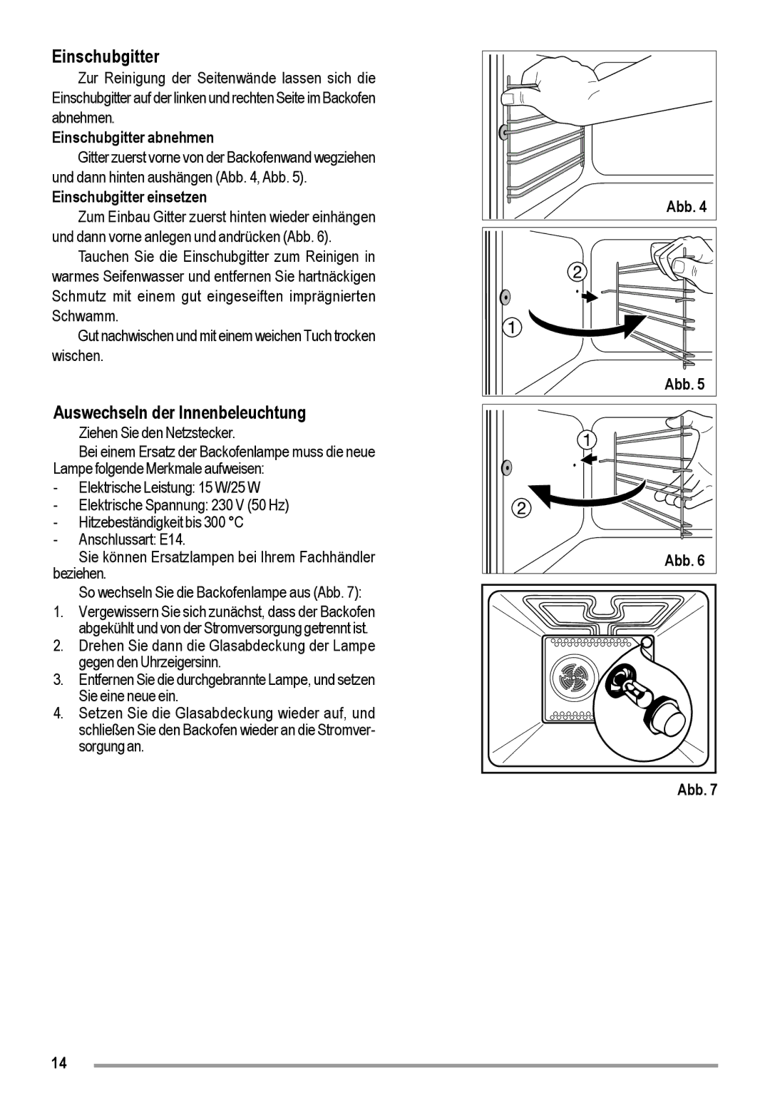 Zanussi ZOU 363 user manual Auswechseln der Innenbeleuchtung, Einschubgitter abnehmen, Einschubgitter einsetzen 