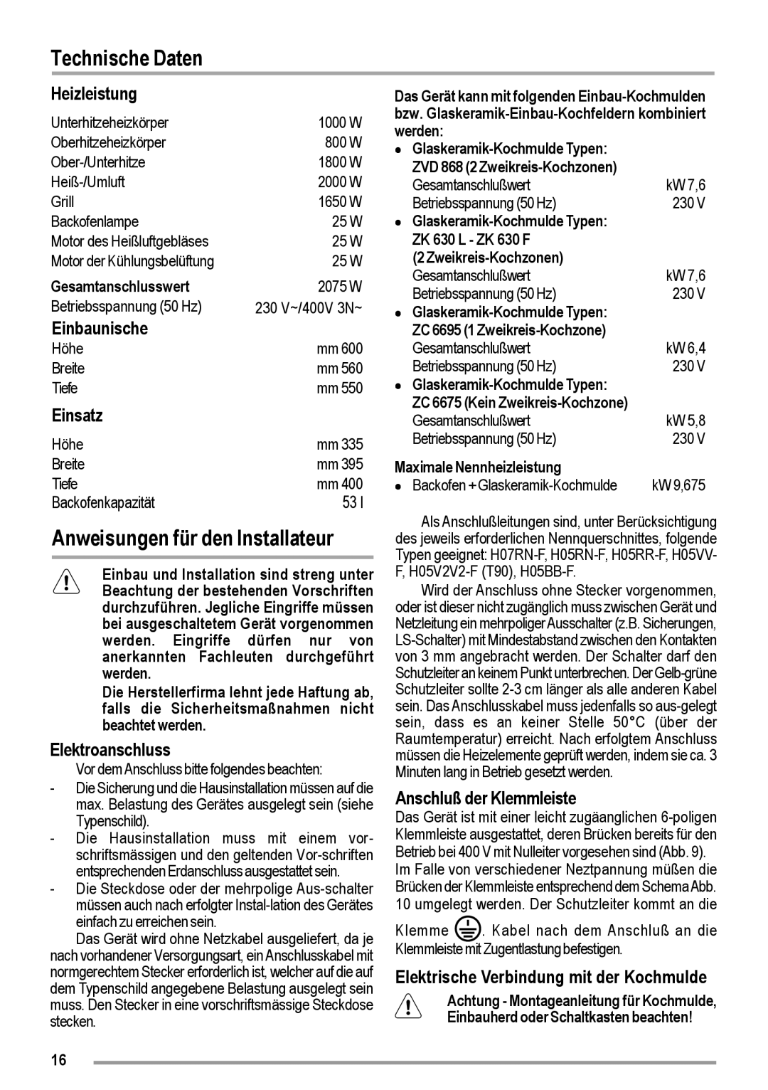 Zanussi ZOU 363 user manual Technische Daten, Anweisungen für den Installateur 