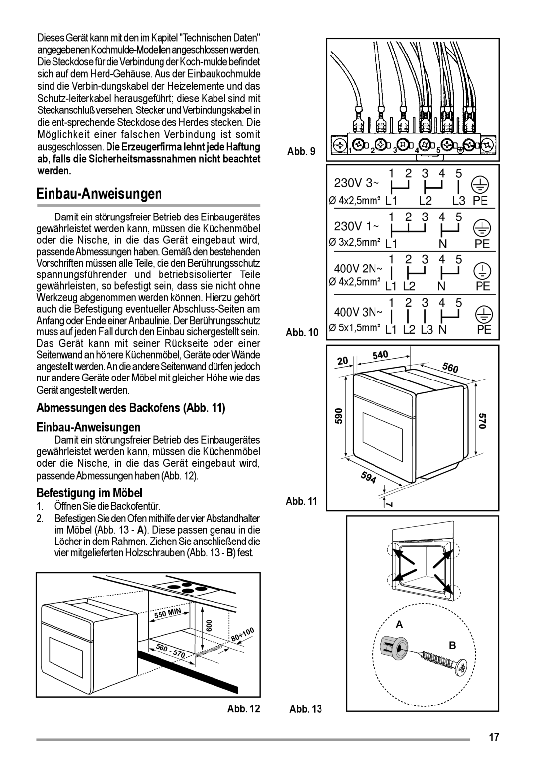 Zanussi ZOU 363 user manual Abmessungen des Backofens Abb Einbau-Anweisungen, Befestigung im Möbel 