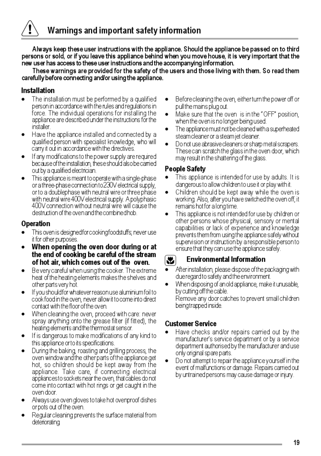 Zanussi ZOU 363 Installation, People Safety, Operation, When opening the oven door during or at, Customer Service 