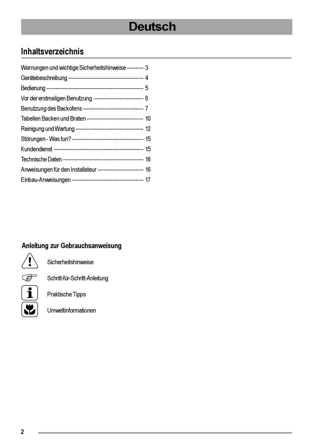 Zanussi ZOU 363 user manual Inhaltsverzeichnis, Anleitung zur Gebrauchsanweisung 