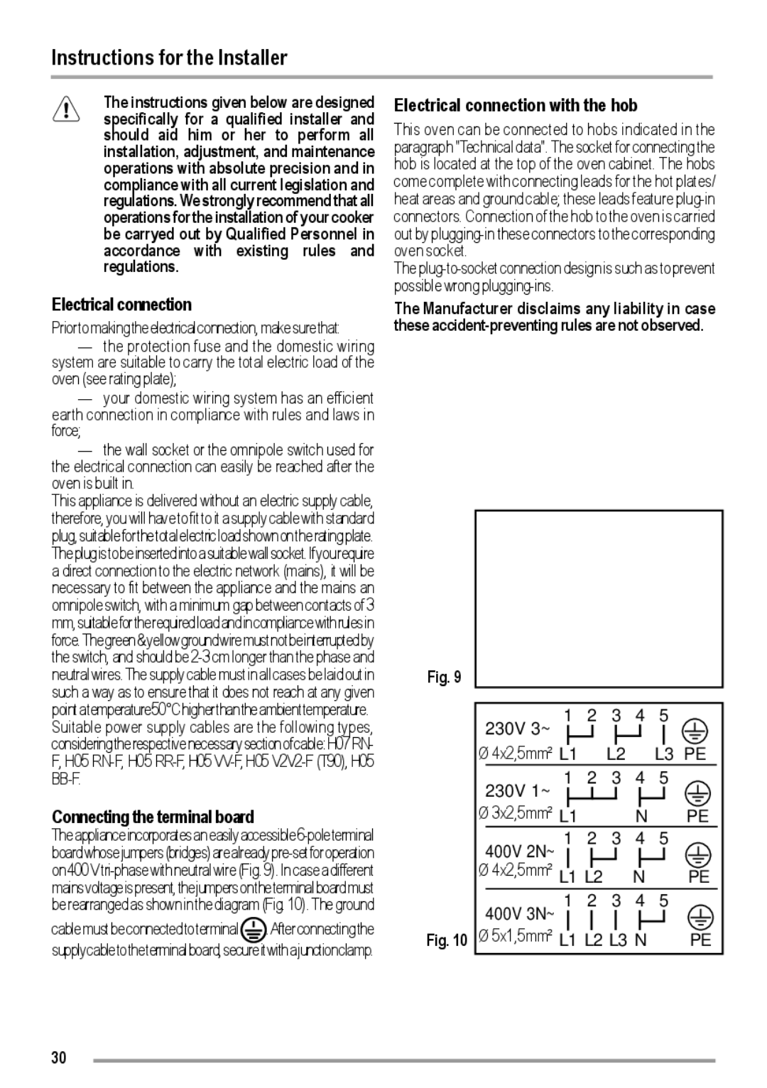 Zanussi ZOU 363 user manual Instructions for the Installer, Electrical connection, Connecting the terminal board 