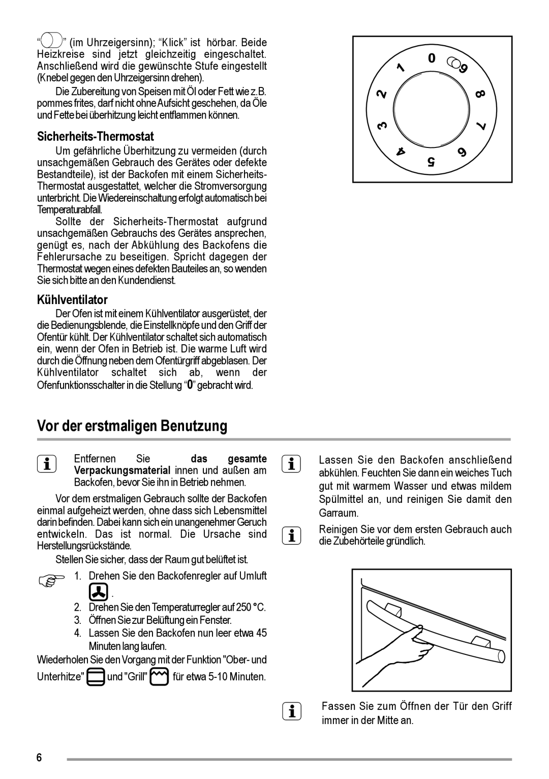 Zanussi ZOU 363 user manual Vor der erstmaligen Benutzung, Sicherheits-Thermostat, Kühlventilator 