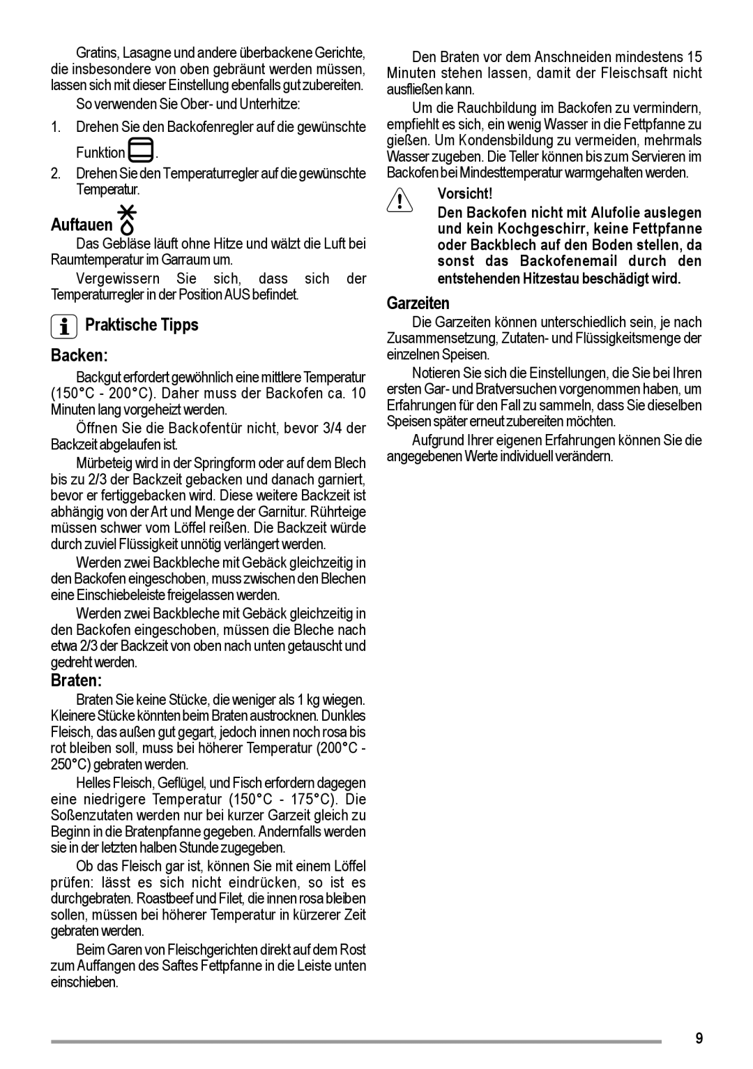 Zanussi ZOU 363 user manual Auftauen, Praktische Tipps Backen, Braten, Garzeiten 