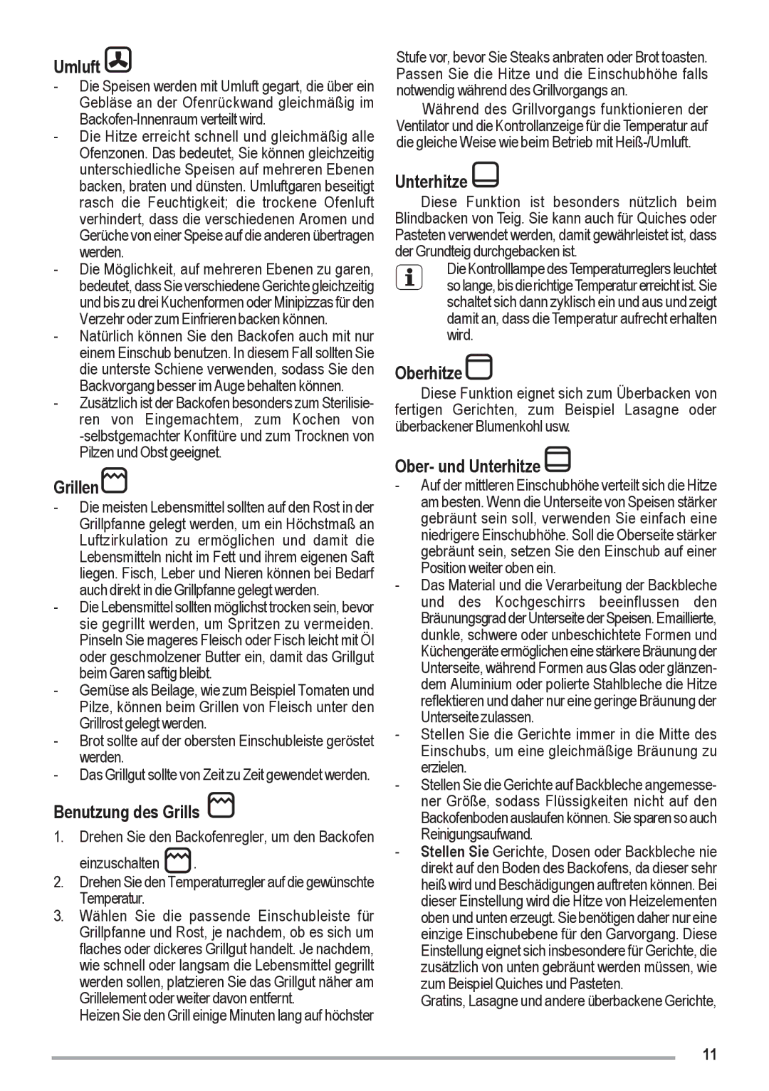 Zanussi ZOU 461 manual Umluft, Grillen, Benutzung des Grills, Oberhitze, Ober- und Unterhitze 