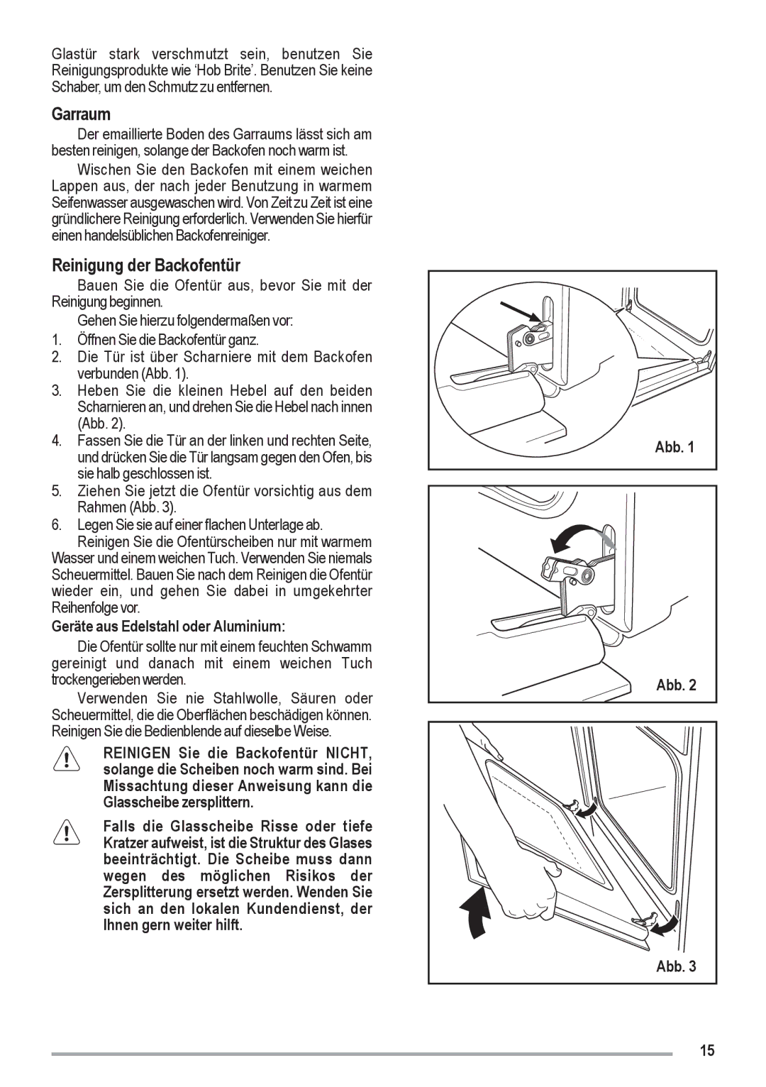 Zanussi ZOU 461 manual Garraum, Reinigung der Backofentür, Geräte aus Edelstahl oder Aluminium, Abb 