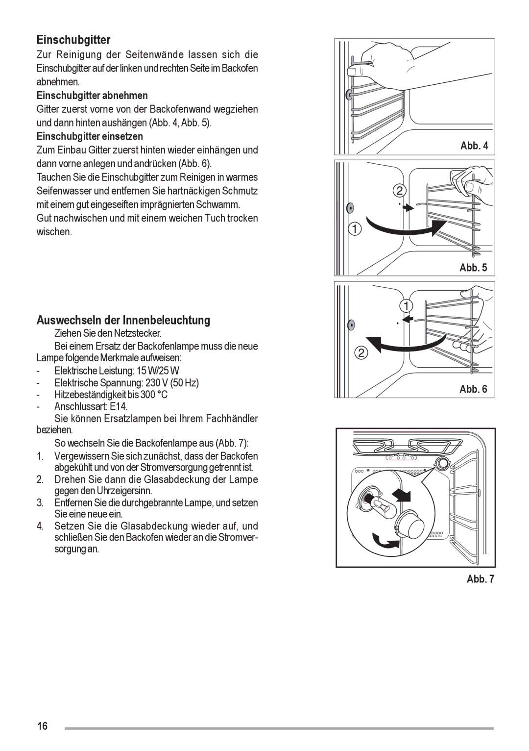 Zanussi ZOU 461 manual Auswechseln der Innenbeleuchtung, Einschubgitter abnehmen, Einschubgitter einsetzen 