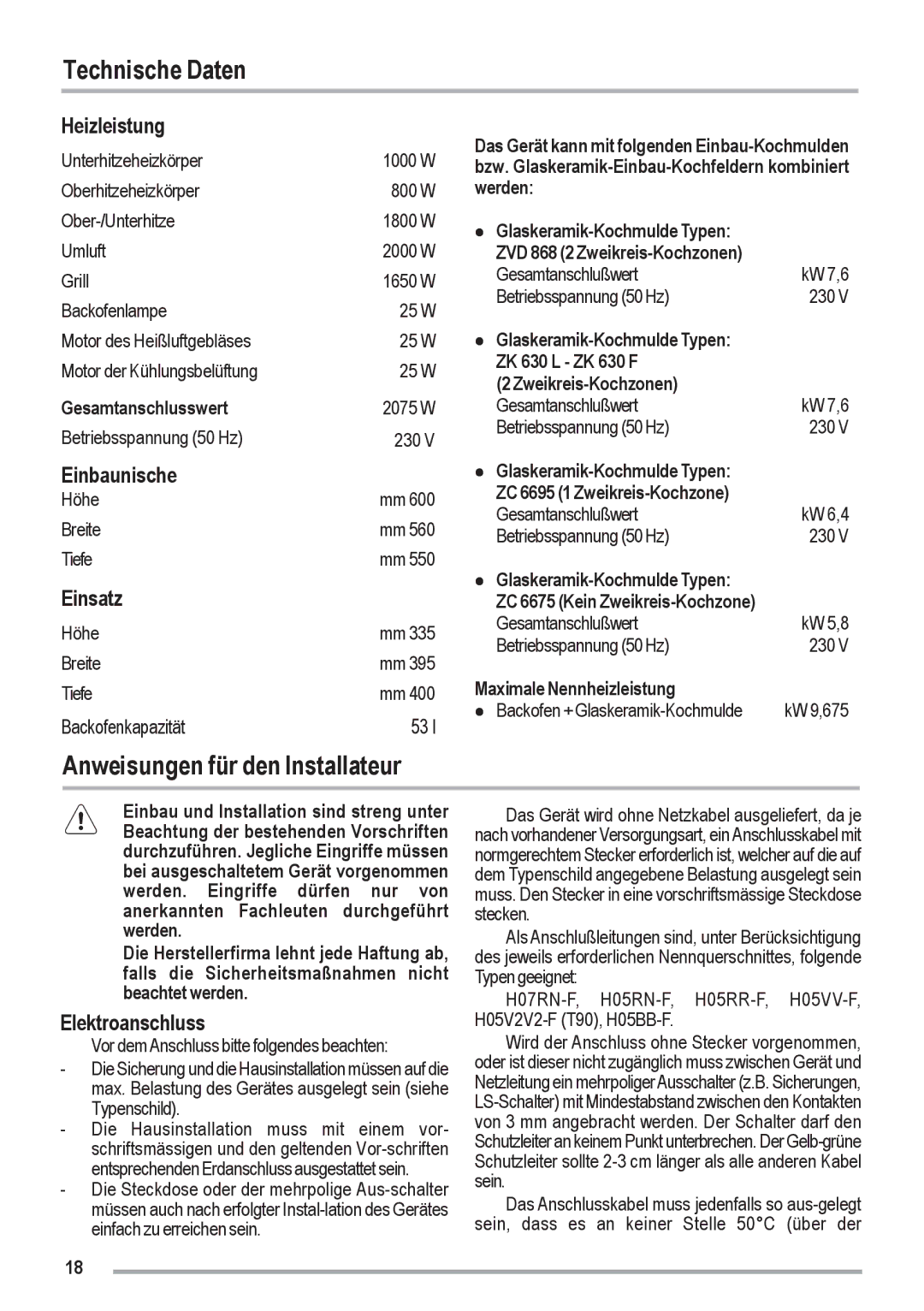 Zanussi ZOU 461 manual Technische Daten, Anweisungen für den Installateur 