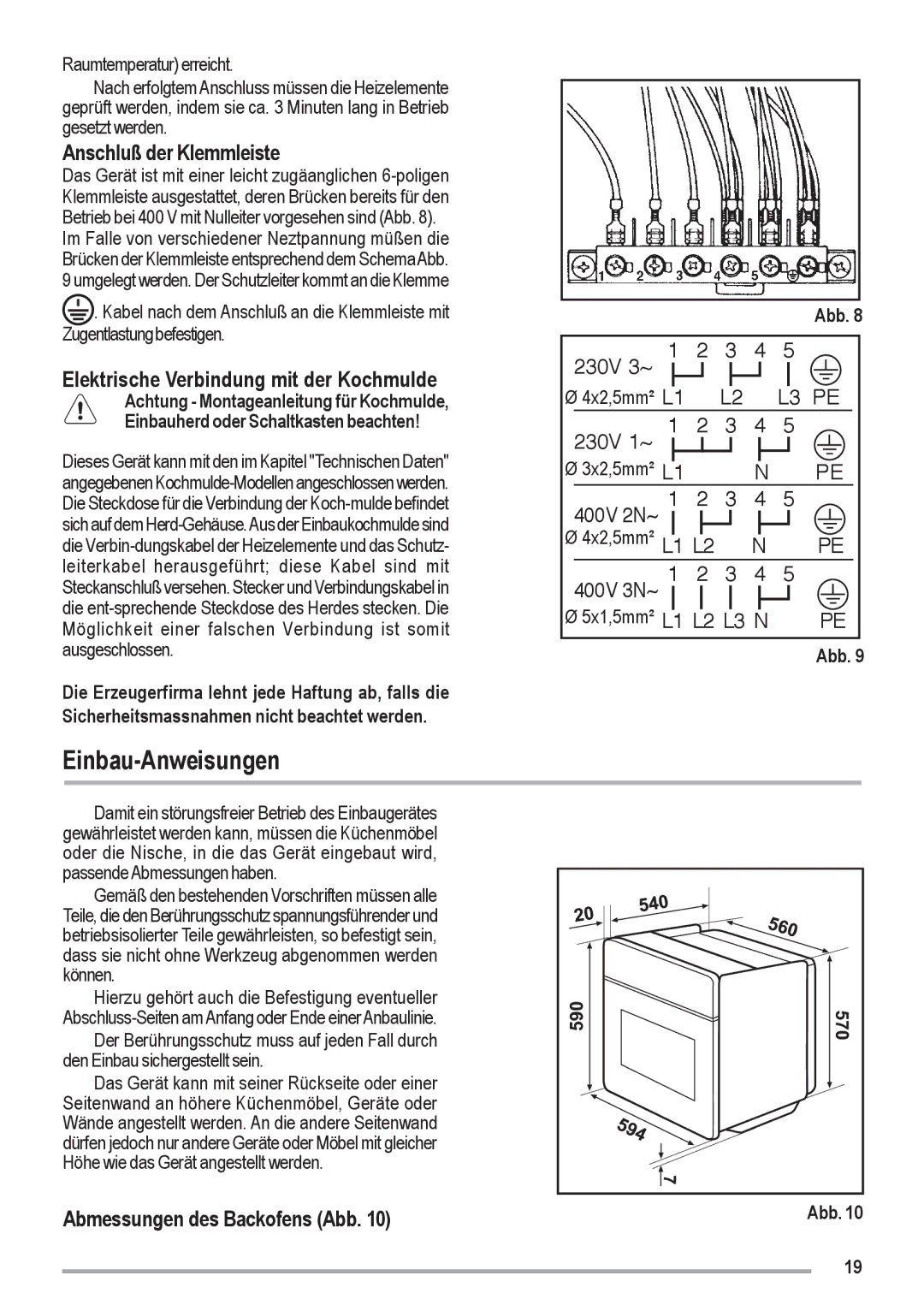 Zanussi ZOU 461 manual Einbau-Anweisungen, Anschluß der Klemmleiste, Elektrische Verbindung mit der Kochmulde 