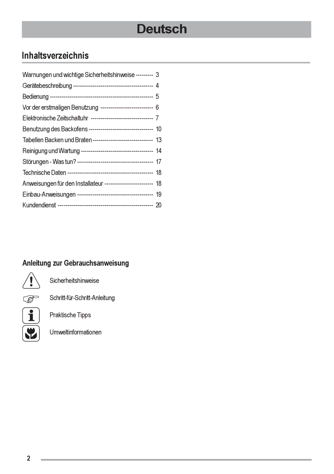 Zanussi ZOU 461 manual Inhaltsverzeichnis, Anleitung zur Gebrauchsanweisung 