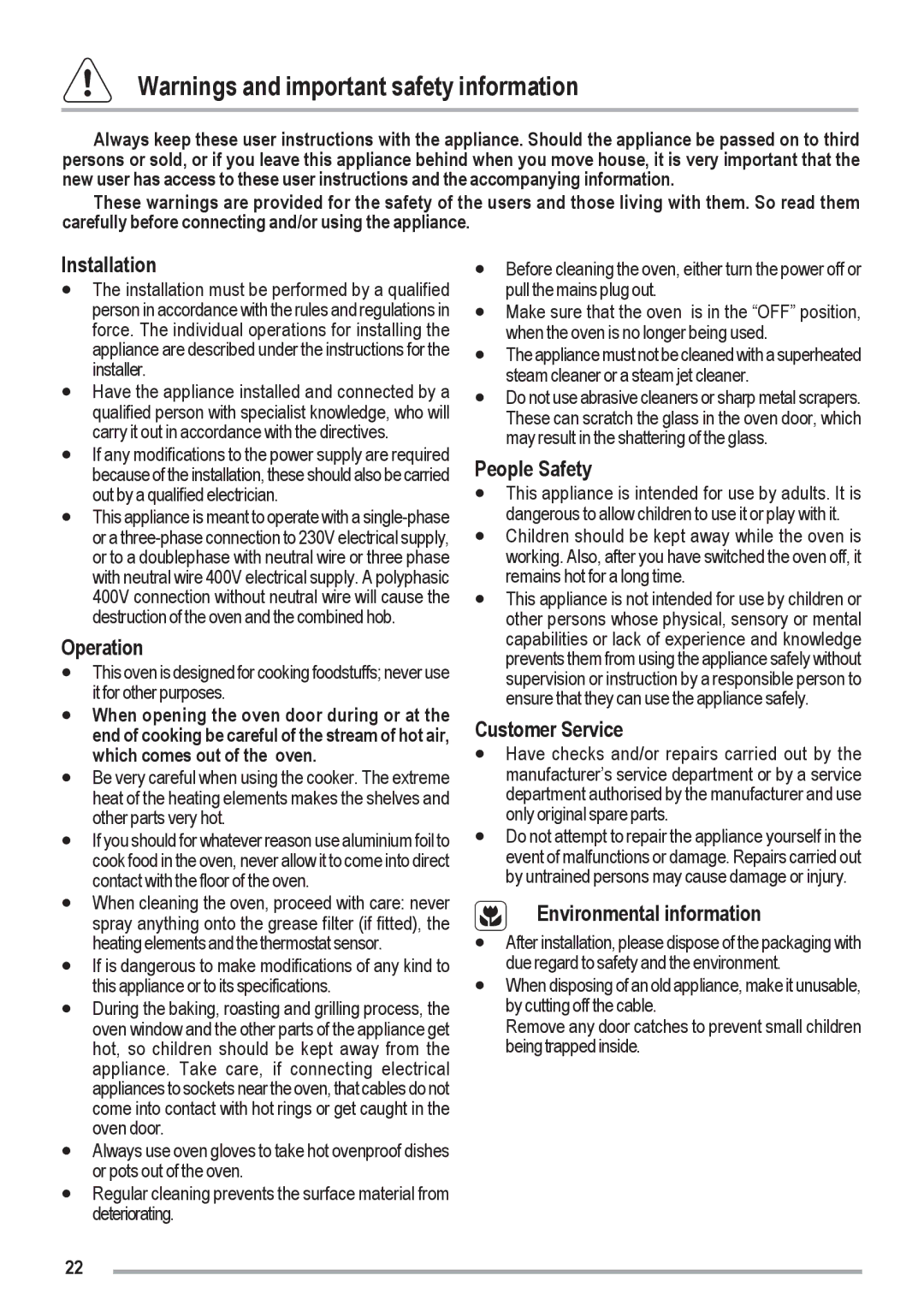 Zanussi ZOU 461 manual Installation, Operation, People Safety, Customer Service, Environmental information 