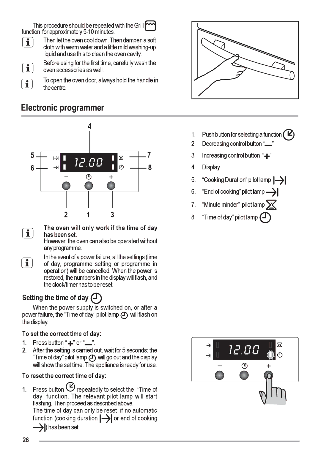 Zanussi ZOU 461 manual Electronic programmer, Setting the time of day, Oven will only work if the time of day has been set 