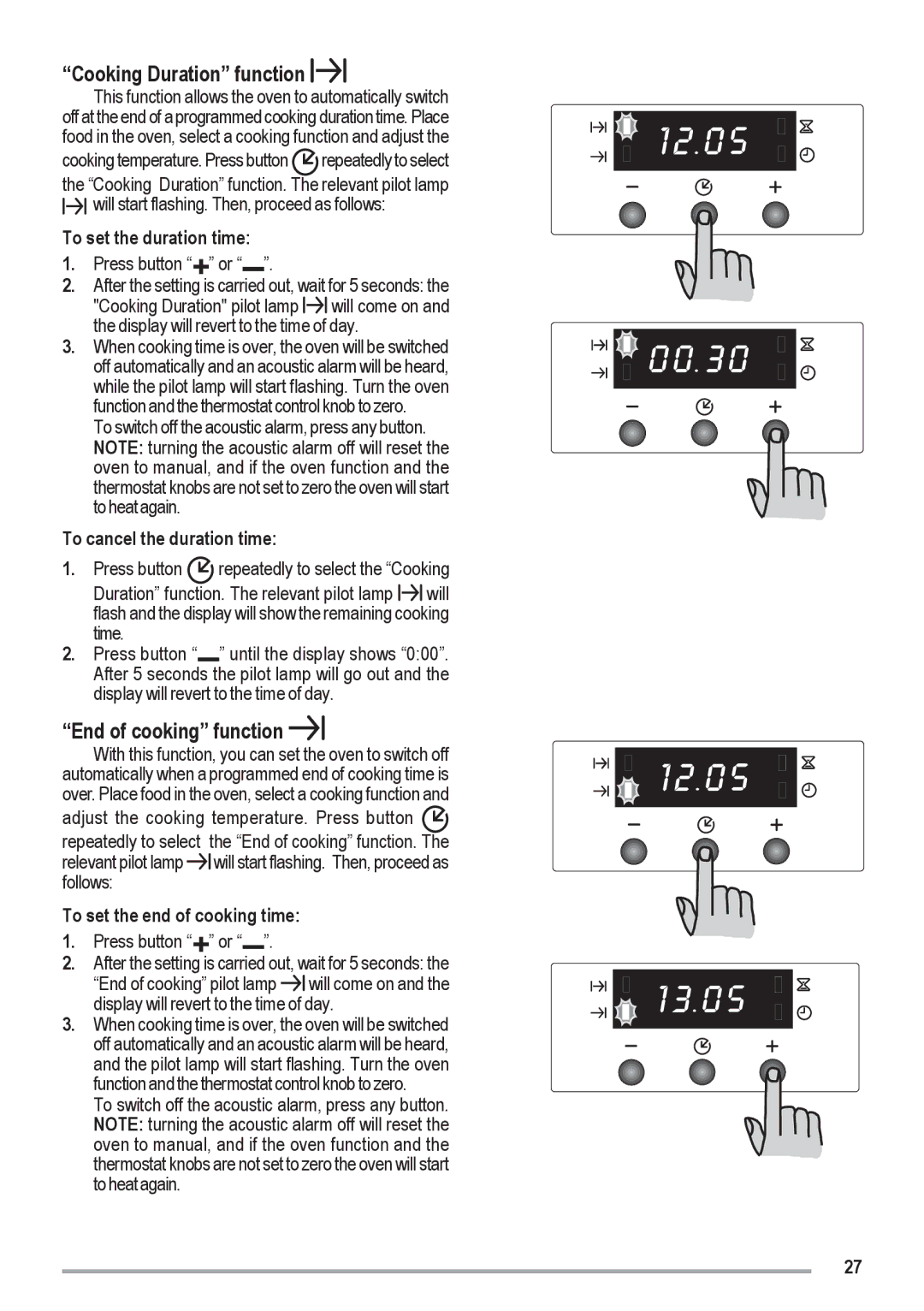 Zanussi ZOU 461 Cooking Duration function, End of cooking function, To set the duration time, To cancel the duration time 