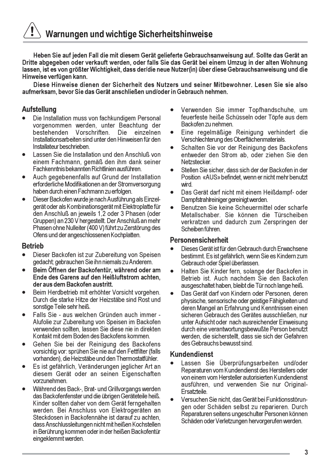 Zanussi ZOU 461 manual Warnungen und wichtige Sicherheitshinweise, Aufstellung, Betrieb, Personensicherheit, Kundendienst 