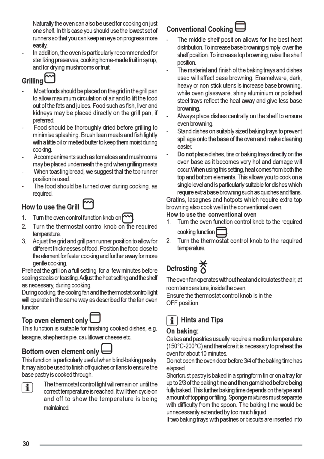 Zanussi ZOU 461 Grilling, How to use the Grill, Top oven element only, Bottom oven element only, Conventional Cooking 