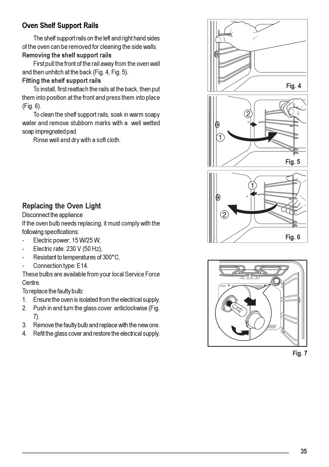 Zanussi ZOU 461 manual Replacing the Oven Light, Removing the shelf support rails, Fitting the shelf support rails 