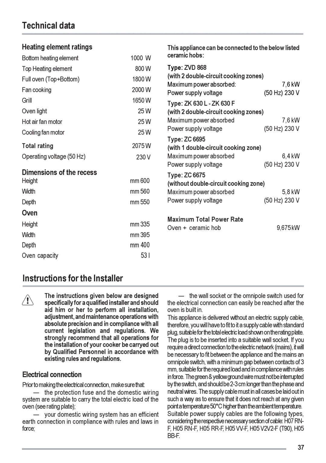 Zanussi ZOU 461 manual Technical data, Instructions for the Installer 