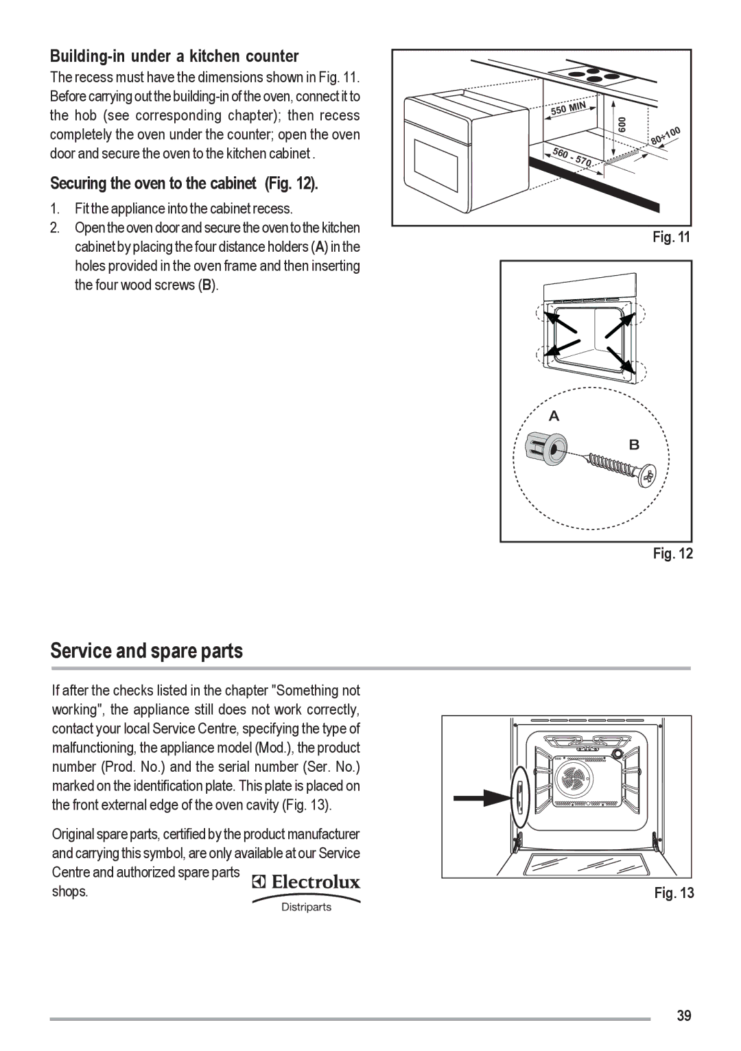 Zanussi ZOU 461 manual Service and spare parts, Building-in under a kitchen counter, Securing the oven to the cabinet Fig 