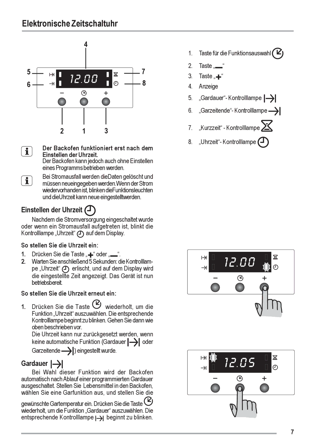 Zanussi ZOU 461 manual Elektronische Zeitschaltuhr, Einstellen der Uhrzeit, Gardauer, So stellen Sie die Uhrzeit ein 