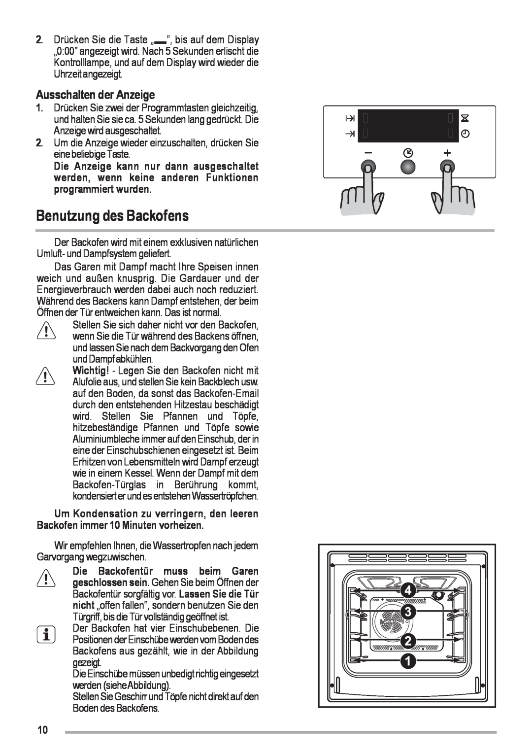 Zanussi ZOU 461 manual Benutzung des Backofens, Ausschalten der Anzeige 