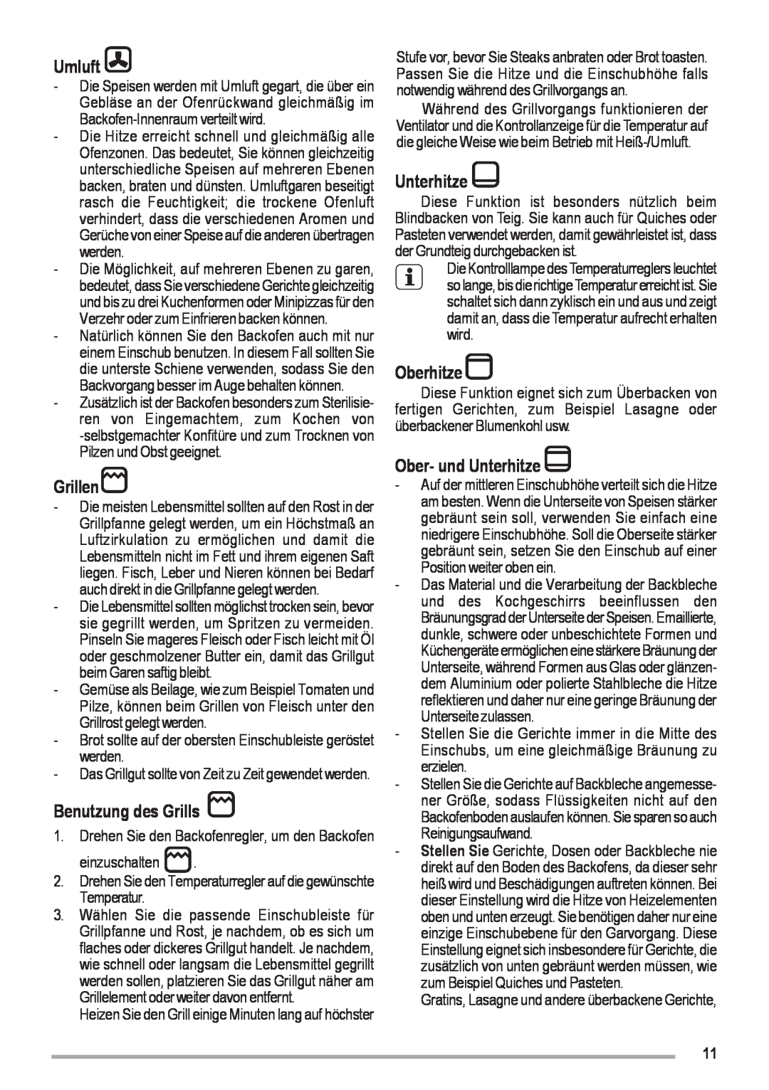 Zanussi ZOU 461 manual Umluft, Grillen, Benutzung des Grills, Oberhitze, Ober- und Unterhitze 
