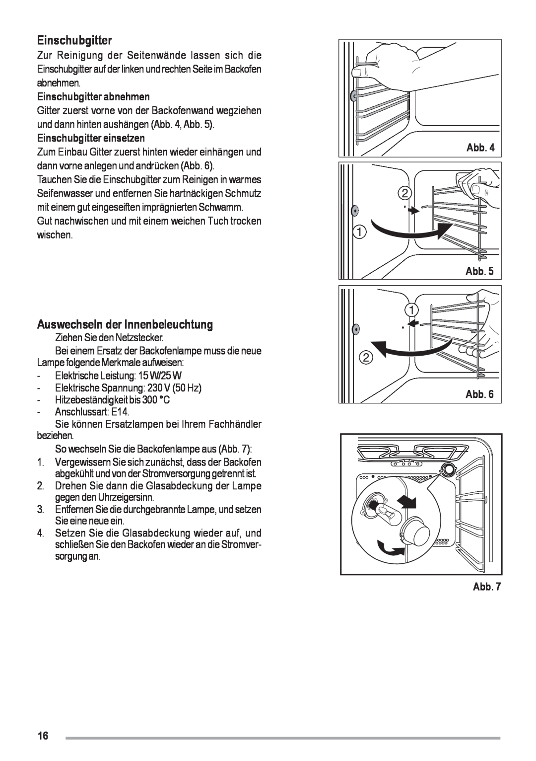 Zanussi ZOU 461 manual Auswechseln der Innenbeleuchtung, Einschubgitter abnehmen, Einschubgitter einsetzen 