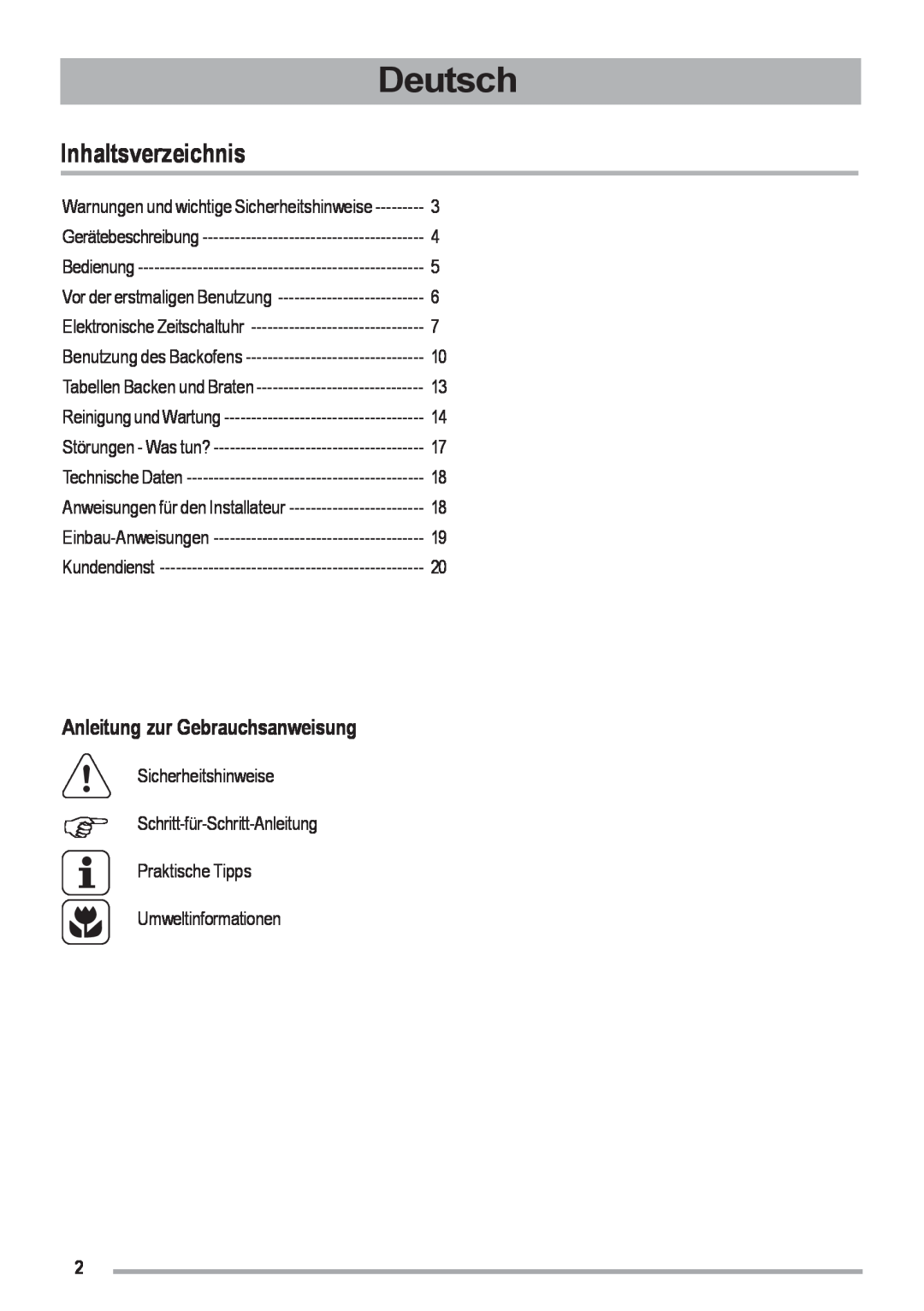 Zanussi ZOU 461 Deutsch, Inhaltsverzeichnis, Anleitung zur Gebrauchsanweisung, Gerätebeschreibung, Bedienung, Kundendienst 